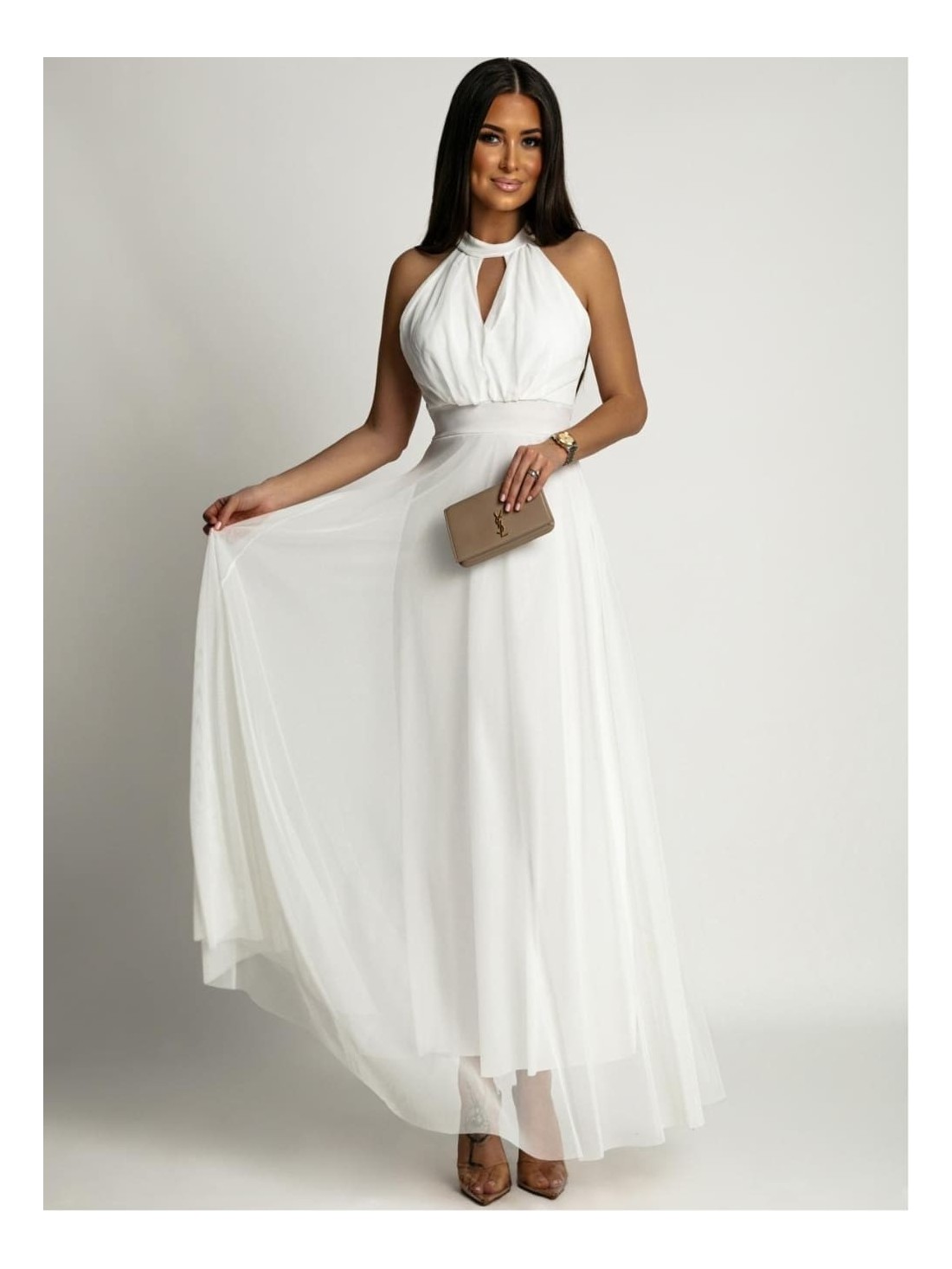 Elegant dress with a tulle bottom, white AZR156